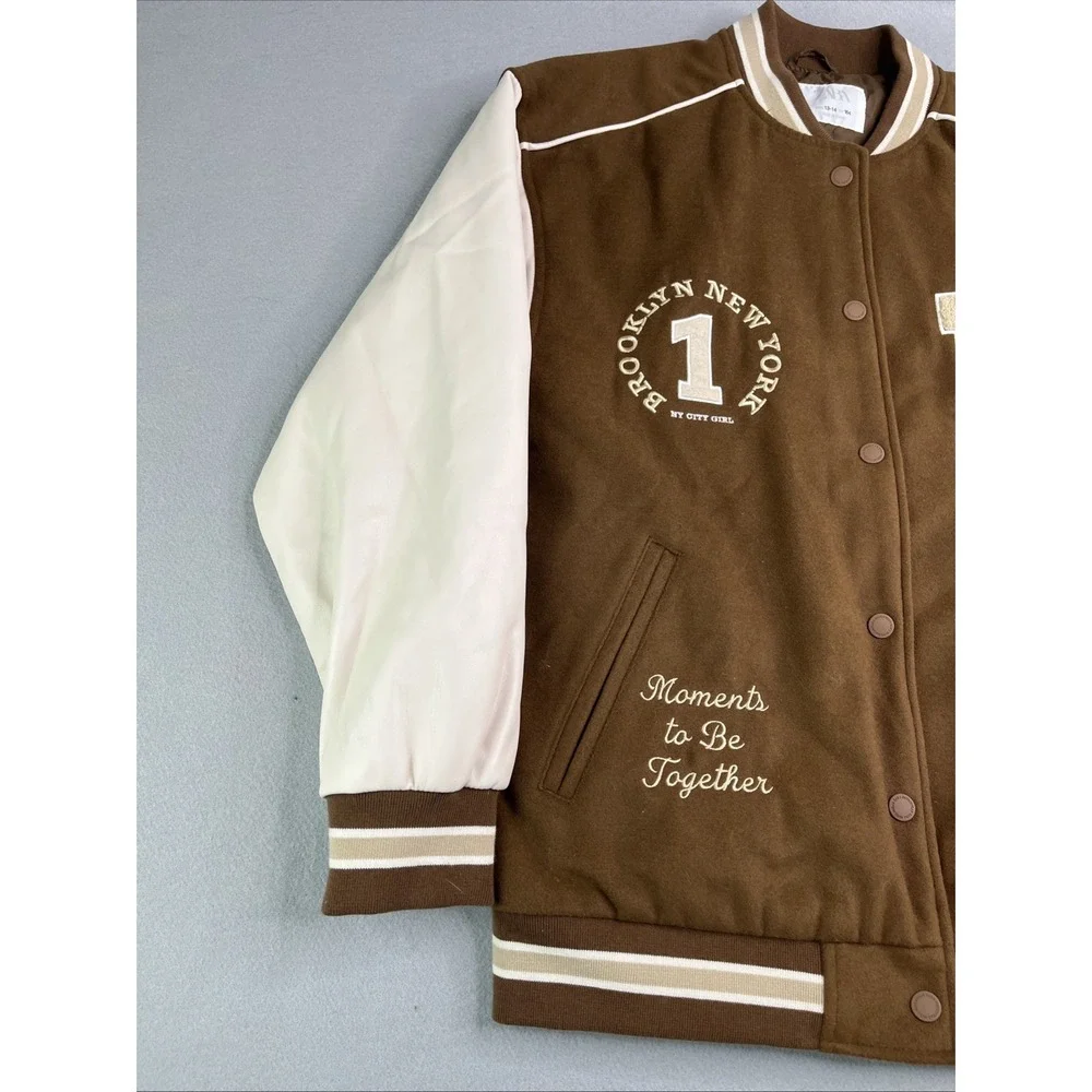 Zara Girls Letterman Snap Button PATCH VARSITY BROWN JACKET Size 13-14